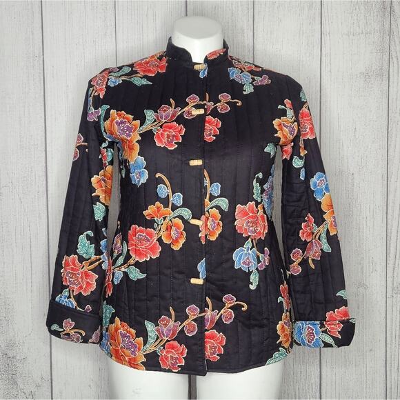 VTG 70s TWO POTATO Black Floral Boho Asian Quilted Jacket, sz 11/12 - Picture 2 of 6